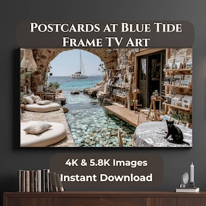 Puede incluir: Una impresión artística digital enmarcada que presenta una vista costera escénica con un arco de piedra, agua clara y un velero. La imagen incluye el texto "POSTCARDS AT BLUE TIDE FRAME TV ART" y "4K & 5.8K Images Instant Download". Un gato negro está sentado en una mesa.