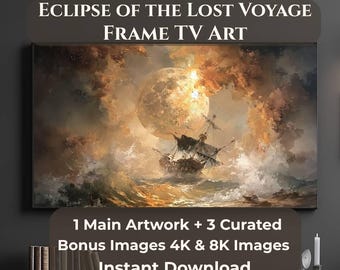 Marco de TV "Eclipse del viaje perdido", arte náutico para Samsung Frame TV, arte mural de barco a la luz de la luna, 4 archivos JPG en 4K y 8K para descargar.