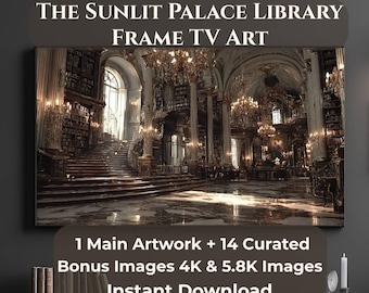 Sunlit Palace Library Frame TV Art Bundle, 1 Main + 14 Curated Bonus, Grand Library TV Art, 4K 5.8K Digital Download