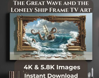 Samsung Frame TV Art Great Wave Ship Illusion, Ocean Wall Art Digital Download, 4K + 5.8K JPG, Vintage Nautical TV Art 16:9
