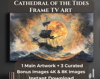 Cornice per TV con nave in tempesta, nave pirata al chiaro di luna, risoluzione 4K e 8K, download digitale a tema nautico, pacchetto di 4 immagini JPG.