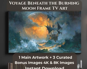 Reise unter dem brennenden Mond Rahmen TV Kunst, Samsung Rahmen TV Nautische Kunst, Stürmische Schiffswandkunst, 4 JPGs 4K 8K Herunterladen