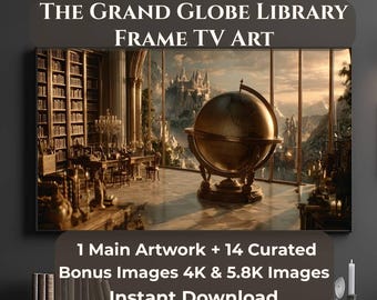 Grand Globe Library Frame TV Art Bundle, 1 Main + 14 Curated Bonus, Fantasy Library TV Art, 4K 5.8K Digital Download