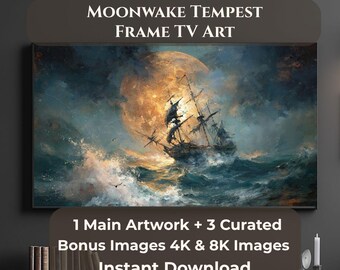 Quadro TV Moonwake Tempest, Quadro TV Samsung Frame Nautical, Quadro da parete con nave al chiaro di luna, Quadro TV con oceano in tempesta, 4 JPG 4K 8K Download