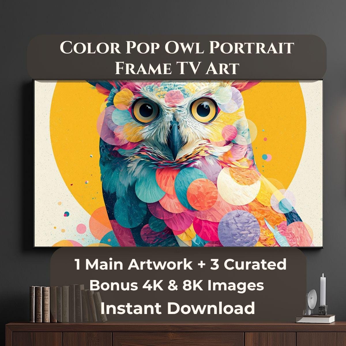Color Pop Owl Portrait Frame TV Art 4K 8K, Colorful Bird Lover Digital Download, 1 Main + 3 Bonus JP