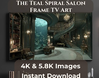 Arte para TV con marco en espiral turquesa, arte para TV con marco de biblioteca submarina, arte para Samsung The Frame 4K, descarga digital JPG de 5.8K