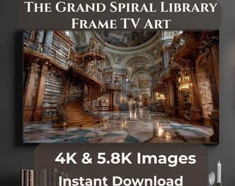 Arte para TV con marco de biblioteca de lujo, Gran escalera de caracol, Arte para TV con marco Samsung, Descarga digital Dark Academia, JPG 4K 5.8K
