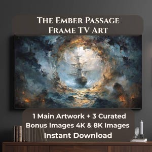The Ember Passage Frame TV-konst, Samsung Frame TV nautisk konst, väggkonst med månbelyst skepp, TV-konst med stormigt hav, 4 JPG-bilder 4K 8K