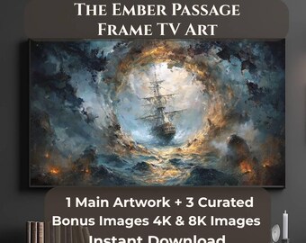 Cornice per TV "The Ember Passage", cornice per TV Samsung con tema nautico, quadro da parete con nave al chiaro di luna, quadro da parete con oceano in tempesta, 4 file JPG 4K 8K
