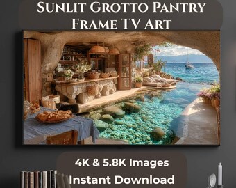 Despensa Gruta Iluminada por el Sol, Escapada Costera, Samsung The Frame Descarga Digital, JPG 4K 5.8K, Decoración de Cueva Mediterránea