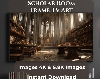 Quadro TV con cornice per studioso, Quadro TV 4K per biblioteca gotica, Download digitale Dark Academia, Quadro da parete per biblioteca cattedrale