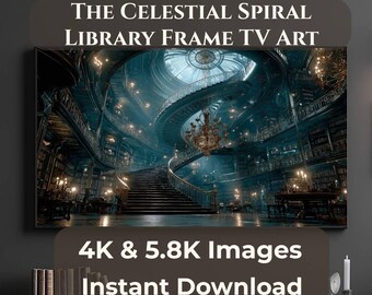 Arte para TV con marco de biblioteca "Espiral Celestial", descarga digital para Samsung Frame TV, interior de biblioteca de lujo, 4K + 5.8K JPG