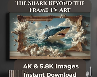 Samsung Frame TV Art Shark Illusion, Great White Shark Wall Art Digital Download, 4K + 5.8K JPG, Ocean Breakout Art, 2 JPG Files 16:9