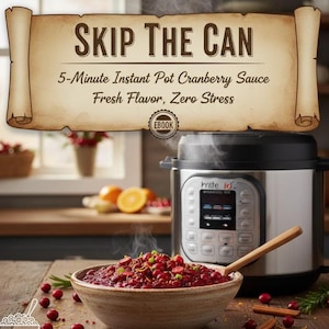 Könnte beinhalten: Ein Instant Pot mit einer Schüssel Preiselbeersauce und einem Holzlöffel. Das Bild enthält den Text "SKIP THE CAN" und "5-Minute Instant Pot Cranberry Sauce Fresh Flavor, Zero Stress". Die Preiselbeersauce ist mit frischen Preiselbeeren garniert.