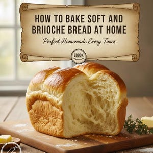 May include: A loaf of golden-brown brioche bread, partially sliced, sits on a wooden cutting board. The image includes text that reads "HOW TO BAKE SOFT AND BRIOCHE BREAD AT HOME" and "Perfect Homemade Every Times". A pat of butter is visible.