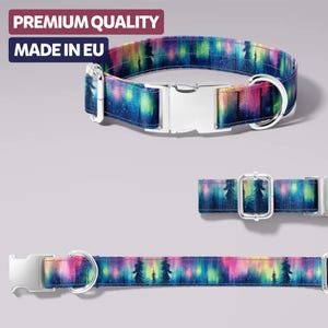 Dog collar with Northern Lights and mountains – Winter design | Adjustable, robust & comfortable | Nickel-plated or black hardware