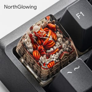 May include: A custom resin mechanical keyboard keycap featuring a detailed, hand-painted Colossal Titan figure emerging from a city scene with smoke effects. The keycap is positioned between black F1 and tilde keys on a keyboard.