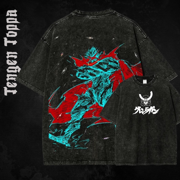 Vintage gewassen anime-shirt van zwaar katoen met oversized print, Japans mangashirt