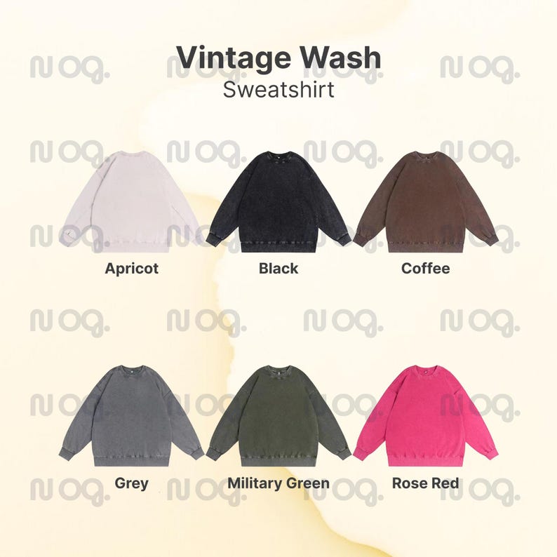 K&ouml;nnte beinhalten: Darstellung von sechs Vintage Wash Sweatshirts in verschiedenen Farben: Apricot, Schwarz, Kaffee, Grau, Milit&auml;rgr&uuml;n und Rosenrot. Die Sweatshirts sind in zwei Reihen angeordnet, mit den Farbbezeichnungen darunter.