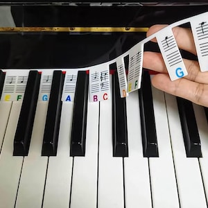 Könnte beinhalten: Klaviatur mit schwarzen und weißen Tasten. Farbige Aufkleber mit Noten und Buchstaben sind auf den Tasten angebracht. Eine Hand hält einen Streifen Aufkleber mit Noten und Buchstaben, darunter A, B, G und F.