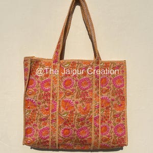 ハンドメイドの花柄キルティングトートバッグ、コットン製大型トラベルショッピングバッグ