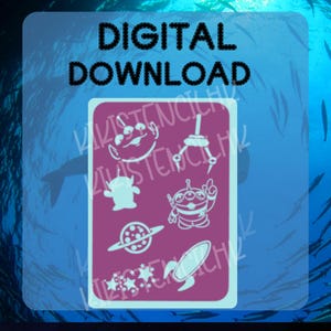 Könnte beinhalten: Ein digitaler Download-Grafik mit verschiedenen Alien-Illustrationen in Weiß auf magentafarbenem Hintergrund. Der Text "DIGITALER DOWNLOAD" ist oben in Schwarz.