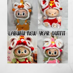 May include: Four colorful Labubu New Year outfits are displayed. Each outfit features a unique hat and clothing design, including red, white, orange, and pink accents. The outfits are designed for a doll with a smiling face.