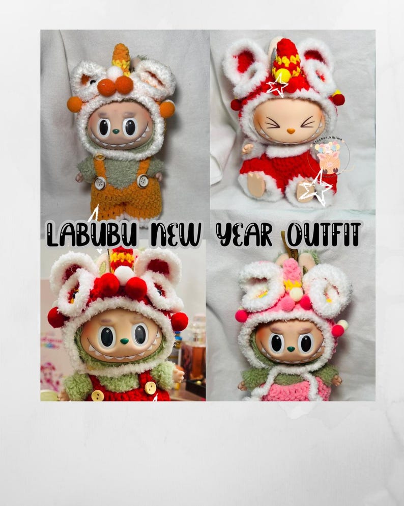 May include: Four colorful Labubu New Year outfits are displayed. Each outfit features a unique hat and clothing design, including red, white, orange, and pink accents. The outfits are designed for a doll with a smiling face.