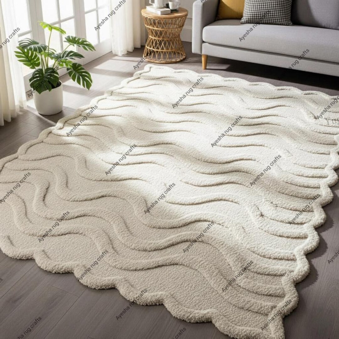 Wavy Long Rug Hand Tufted Wool Rug – Ivory Wavy Textured Abstract Area Rug - Etsy