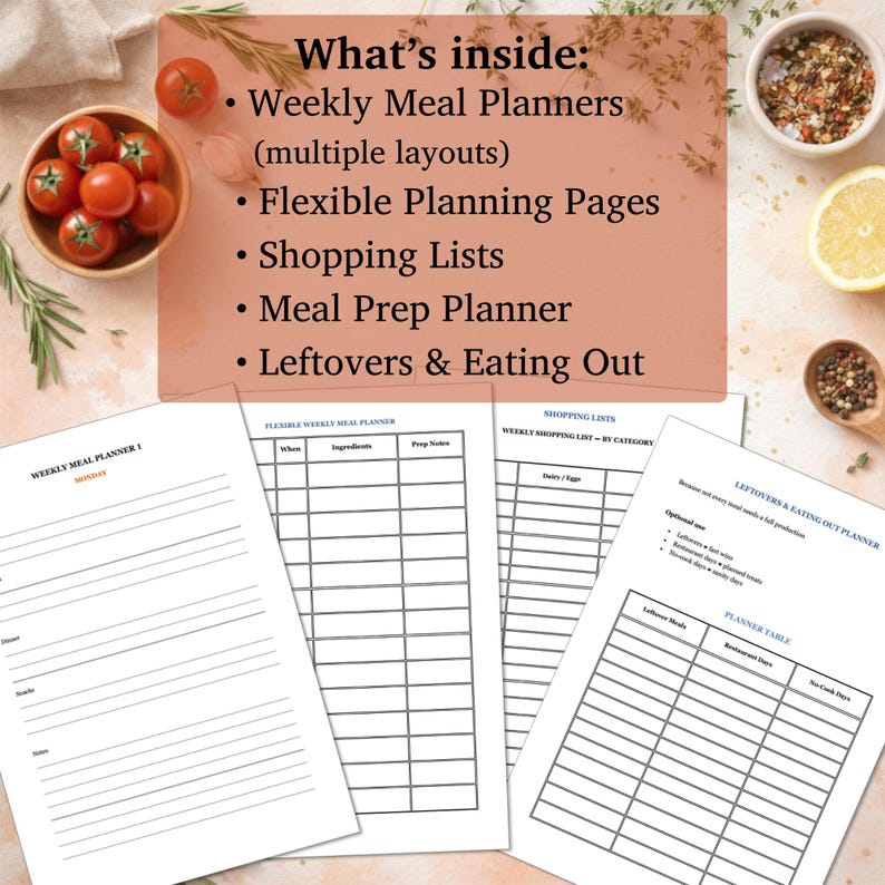 May include: A collection of meal planning pages with the text "What's inside: Weekly Meal Planners, Flexible Planning Pages, Shopping Lists, Meal Prep Planner, Leftovers & Eating Out." The image includes tomatoes, spices, and a lemon.