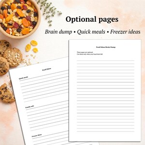 May include: A notebook with lined pages, featuring the text "Optional pages" and the subheadings "Brain dump", "Quick meals", and "Freezer ideas". A bowl of dried fruit and biscuits are in the background.