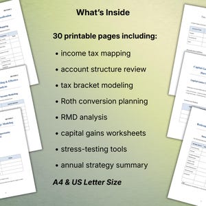 K&ouml;nnte beinhalten: Eine Sammlung von druckbaren Finanzplanungs-Arbeitsbl&auml;ttern. Das Bild zeigt mehrere Seiten mit Text wie "What's Inside", "income tax mapping" und "capital gains worksheets". Die Dokumente sind im A4- und US-Letter-Format.