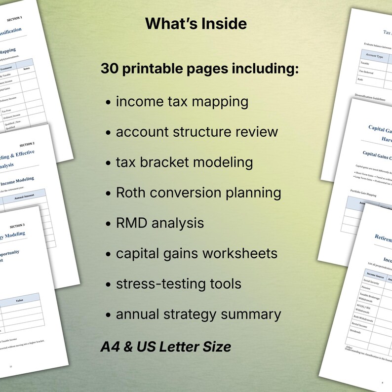 K&ouml;nnte beinhalten: Eine Sammlung von druckbaren Finanzplanungs-Arbeitsbl&auml;ttern. Das Bild zeigt mehrere Seiten mit Text wie "What's Inside", "income tax mapping" und "capital gains worksheets". Die Dokumente sind im A4- und US-Letter-Format.