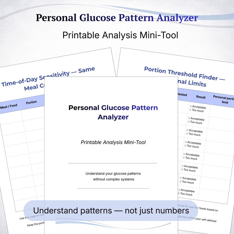 May include: A white printable analysis mini-tool titled "Personal Glucose Pattern Analyzer." The document includes sections for meal/food, portion, and personal limits. Text reads "Understand patterns - not just numbers."