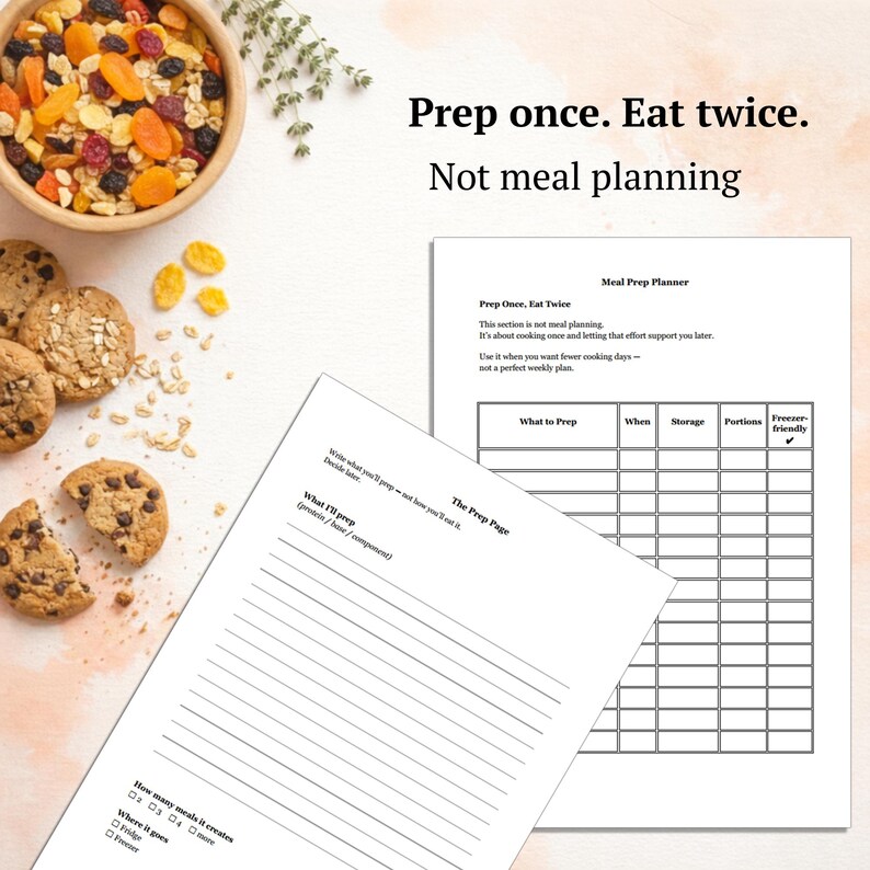 May include: A meal prep planner with the text "Prep once. Eat twice. Not meal planning." The image includes a bowl of dried fruit and nuts, cookies, and a meal prep planning sheet with sections for "What to Prep," "When," and "Storage."