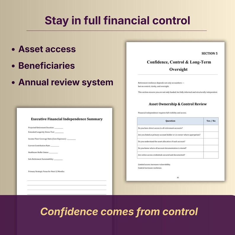 May include: A promotional image with the text "Stay in full financial control." The image includes documents with financial terms like "Asset access" and "Beneficiaries." The phrase "Confidence comes from control" is also displayed.