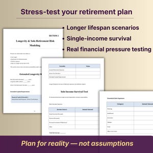May include: A financial planning document with the title "Stress-test your retirement plan." The document includes sections on longevity, solo retirement risk modeling, and solo income survival tests. The text highlights longer lifespan scenarios and real financial pressure testing.