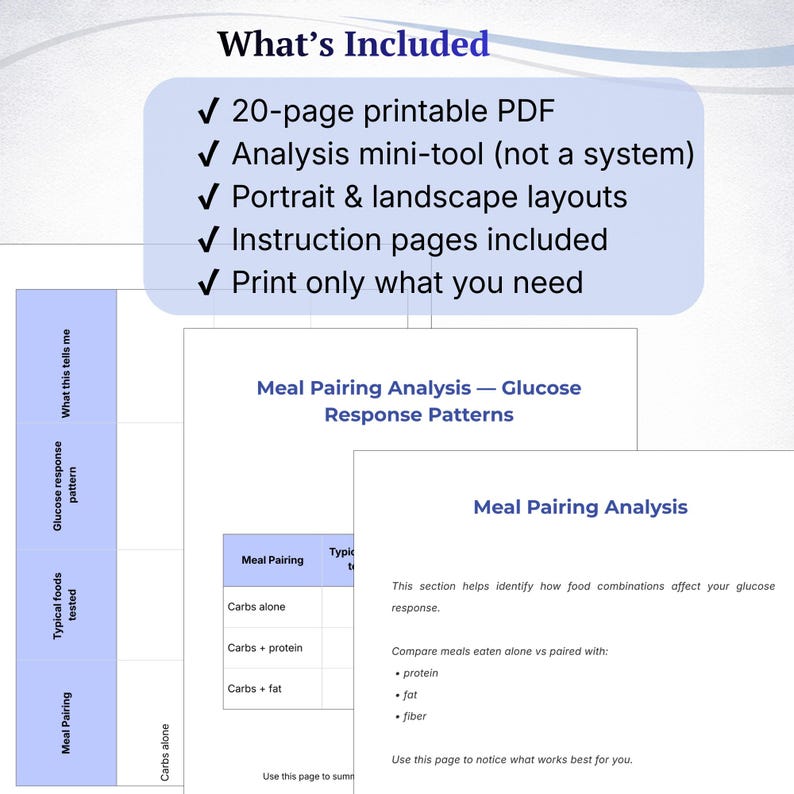 May include: A collection of printable PDF pages for meal pairing analysis, focusing on glucose response patterns. Includes a 20-page PDF, analysis mini-tool, portrait and landscape layouts, and instruction pages. The text on the pages includes "Meal Pairing Analysis".