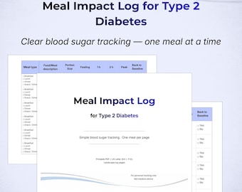 Meal Impact Log for Type 2 Diabetes | Printable Blood Sugar Tracker PDF | Meal & Glucose Journal | US Letter Landscape