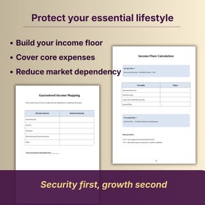 May include: A financial planning document with the text "Protect your essential lifestyle." It includes bullet points: "Build your income floor," "Cover core expenses," and "Reduce market dependency." The document also features tables and the text "Security first, growth second."