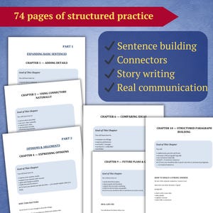 Pu&ograve; includere: Una raccolta di pagine stampate con testo, tra cui "74 pagine di pratica strutturata". Le pagine trattano argomenti come la costruzione di frasi, i connettori, la scrittura di storie e la comunicazione reale. Le pagine sono bianche con testo nero.