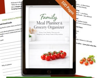 Family Meal Planner & Grocery List Printable, Weekly Menu Organizer with Recipe Tracker, Pantry Inventory PDF Download