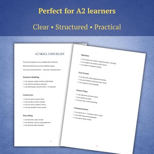 Pu&ograve; includere: Pagina doppia di un quaderno di esercizi per studenti A2. La pagina di sinistra &egrave; intitolata "A2 Skill Checklist" ed elenca competenze come la costruzione di frasi e la descrizione. La pagina di destra elenca le competenze relative a opinioni, eventi passati, progetti futuri e comunicazione.