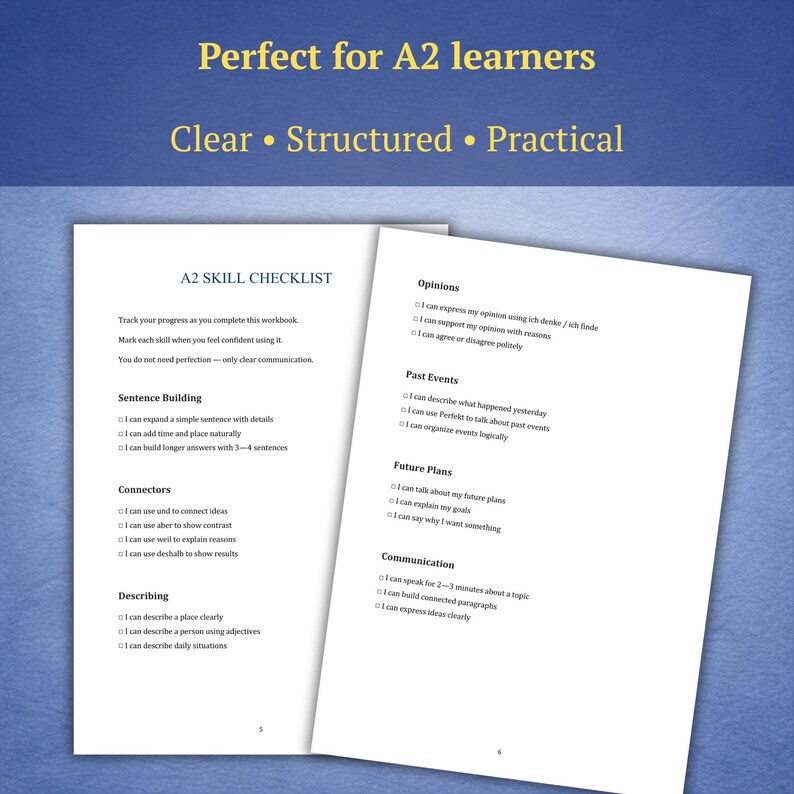 Pu&ograve; includere: Pagina doppia di un quaderno di esercizi per studenti A2. La pagina di sinistra &egrave; intitolata "A2 Skill Checklist" ed elenca competenze come la costruzione di frasi e la descrizione. La pagina di destra elenca le competenze relative a opinioni, eventi passati, progetti futuri e comunicazione.