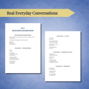 May include: Two white pages with German conversation examples. The text "Real Everyday Conversations" is at the top in a yellow banner. The pages include phrases for meeting someone, at a cafe, talking about your day, and making plans.