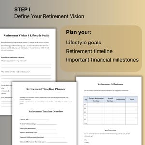 May include: A set of printable worksheets designed for retirement planning. The documents cover defining retirement vision, lifestyle goals, timeline planning, and tracking financial milestones. The text includes "Define Your Retirement Vision" and "Retirement Timeline Planner".