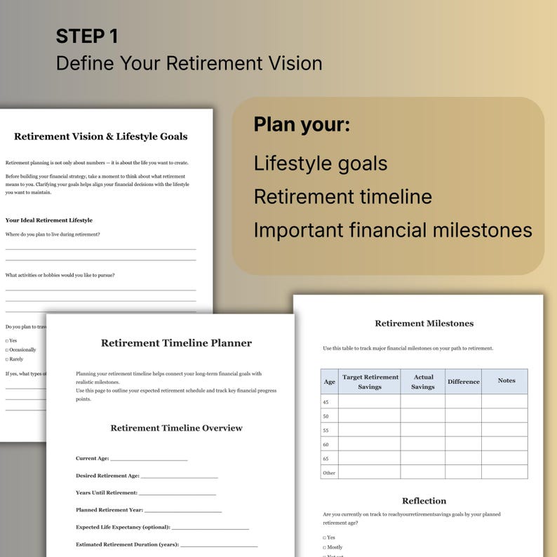 May include: A set of printable worksheets designed for retirement planning. The documents cover defining retirement vision, lifestyle goals, timeline planning, and tracking financial milestones. The text includes "Define Your Retirement Vision" and "Retirement Timeline Planner".