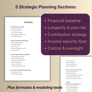 May include: A document with the title "5 Strategic Planning Sections" and a list of financial planning topics. The document includes a table of contents and a purple box with bullet points. The text "Plus formulas & modeling tools" is at the bottom.