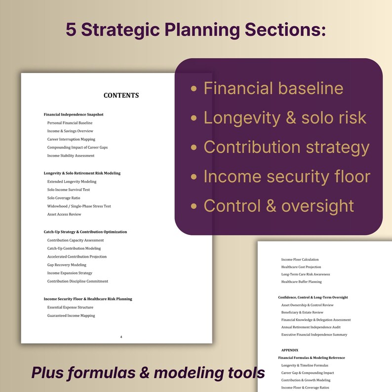 May include: A document with the title "5 Strategic Planning Sections" and a list of financial planning topics. The document includes a table of contents and a purple box with bullet points. The text "Plus formulas & modeling tools" is at the bottom.