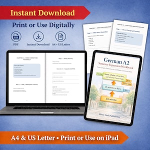 Pu&ograve; includere: Grafica per download digitale con la scritta "Download istantaneo" e "Stampa o usa digitalmente". L'immagine mostra un laptop e un tablet che visualizzano le pagine del quaderno. Il tablet mostra un quaderno di esercizi di espansione di frasi tedesco A2.